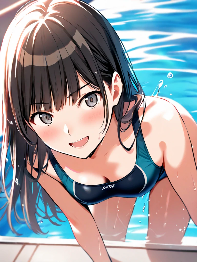 highest quality、realistic、Japanese、girl、zoom、look up、cute、orange eyes、twin tails、black hair、all back、Forehead is coming out、Ocean、turquoise swimsuit、joy、Grinning、face close up、small breasts、slender