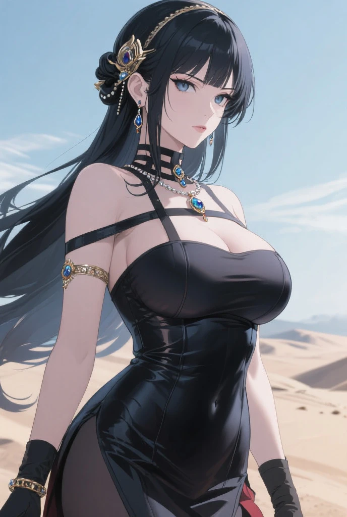 Detailed facial details,1 girl、Cat ear,Black long hair, Charming red eyes, Radiant Skin,red lips,Pure white bra,Cleopatra,Slim,Large Breasts,Facial details are very detailed, handcuffs,Collar,middle Ages,battlefield,desert,Stone road,pyramid
