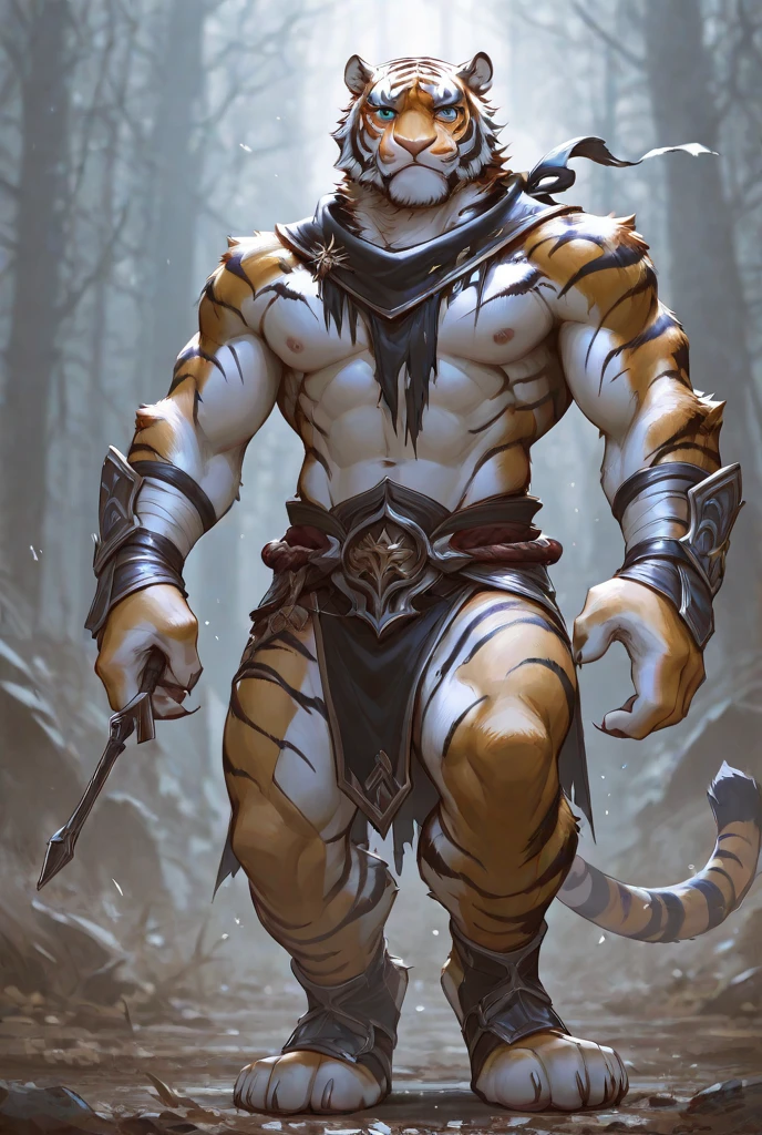 FUTURISTIC MALAYSIAN TIGER MAN NAKED TORSO, shoulder pads, WHITE LOOP CLOTH BACKGROUND A CLOUDY FOREST RAINY DAY LOOKING TOWARD THE SPECTATOR WITH A SWORD IN THE RIGHT HAND FULL BODY HIGH