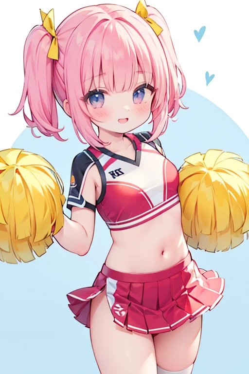 1 girl, game cg, sleeveless white cheerleader, bottom tits visible, belly button visible, short red skirt, hair ribbon, gigantic breasts, pink hair, long hair, hair up, princess hairstyle, ahoge, pink eyes, out of school, smile, mouth open, one arm up, blue sky,