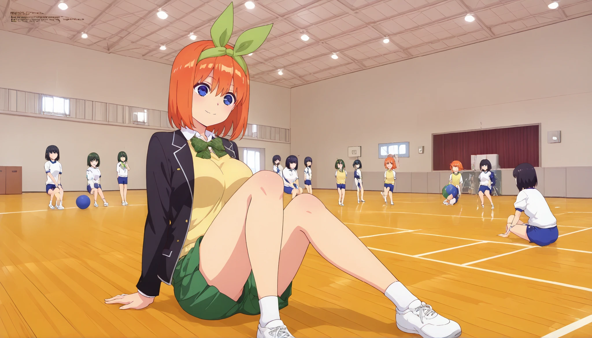 1girl, y0tsuba, large breasts, orange hair, blue eyes, short hair, hair between eyes green bow hairband, black blazer, open blazer, yellow sweater vest, white collared shirt, bowtie, plaid bowtie, green skirt, pleated skirt,y0tsuba, orange hair, blue eyes, short hair, hair between eyes, green bow hairband,Gymn4s3,sitting on the floor grasping one's knees (as in a gym class),,score_9, score_8_up, score_7_up, rating_safe, masterpiece, best quality, absurdres, unity 8k wallpaper, official art, official style, source_anime, uncensored, game cg, megami magazine,taiikukan, indoors, sportswear, multiple girls, indoors, photo background, shorts, ball, 30+girls, ceiling light, black hair, ceiling, stage, wooden floor, gym uniform, sportswear,