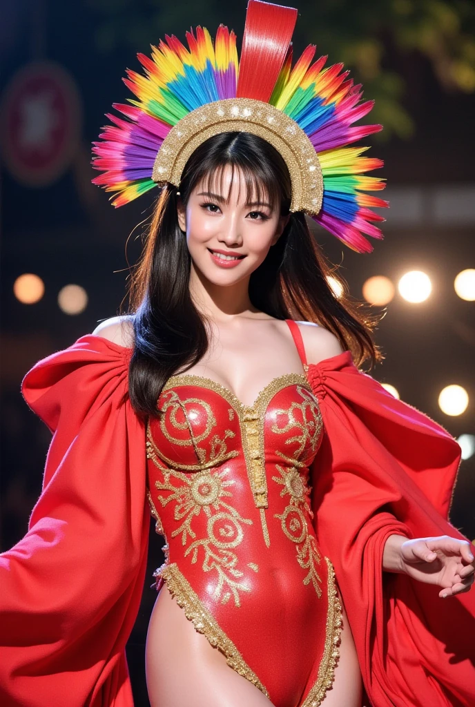 black hair、huge breasts、sexy body、Red peacock crown、Red peacock feather、red micro bikini、Red knee-high boots、Among a large audience、at Rio's Samba Carnival
