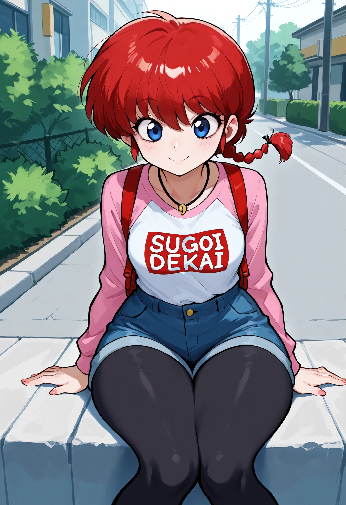 Ranma Saotome. red hair. pigtail. blue eyes. braid. small breasts. huge hips. necklace. black eyeliner. pink manicure. | Score 9, Score 8, Score 7, Masterpiece, Superior Quality, Amazing Quality, Masterpiece, Maximum Quality, Ultra-detailed, Alone, White Frame, Maximum Contrast, Saturated Color, Bright Colors, Dynamic Lighting, sugoi dekai, white shirt, raglan sleeves, long sleeves, black pantyhose, black legwear, denim shorts, on the street, sidewalk, bushes in the background, happy, red backpack, playing on the road, mischief, making fun, sitting