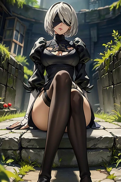 ass pov, Camera from above, Overhead view, There is only one girl in the frame, ass pov, close - up photo, lying on side, lying on side, Arm on the waist, sexypose, woods, Ruins, water fall, erotica, shapely legs, White Hair Bob, ashy hair, The eyes are covered with a bandage, Cyan eyes, black dress with a short skirt, short black skirt, Skirt covers buttocks, neckline on the chest, white panty, black stockings, high black boots, high-heeled boots, very extremely beautiful, Small firm buttocks, Slender figure, Full-length(Body Full 1.1),Game nier automata, ruined city, The city, overgrown with plants, Ruins, high detail official illustrations, ((beautiful fantasy girl)),Red Small Breasts, Her breasts are sticking out from under her clothes, BREAK (Master Part: 1.2), Best Quality, High Resolution, photorealestic, photogenic, Unity 8k Wallpaper, (illustartion: 0.8), (Beautiful detailed bluish-gray eyes: 1.6), extremely detailed face, perfect lighting, extremely detailed CGI , (perfect arms, perfect anatomy), A girl with perfect breasts, beatiful face, master study, intricate details, lifelike details, the anime, (Based on nier automata) the perfect body, The Perfect Girl, perfect details, ultra HD |, 8K, Professional photo, Anime Style 2B,