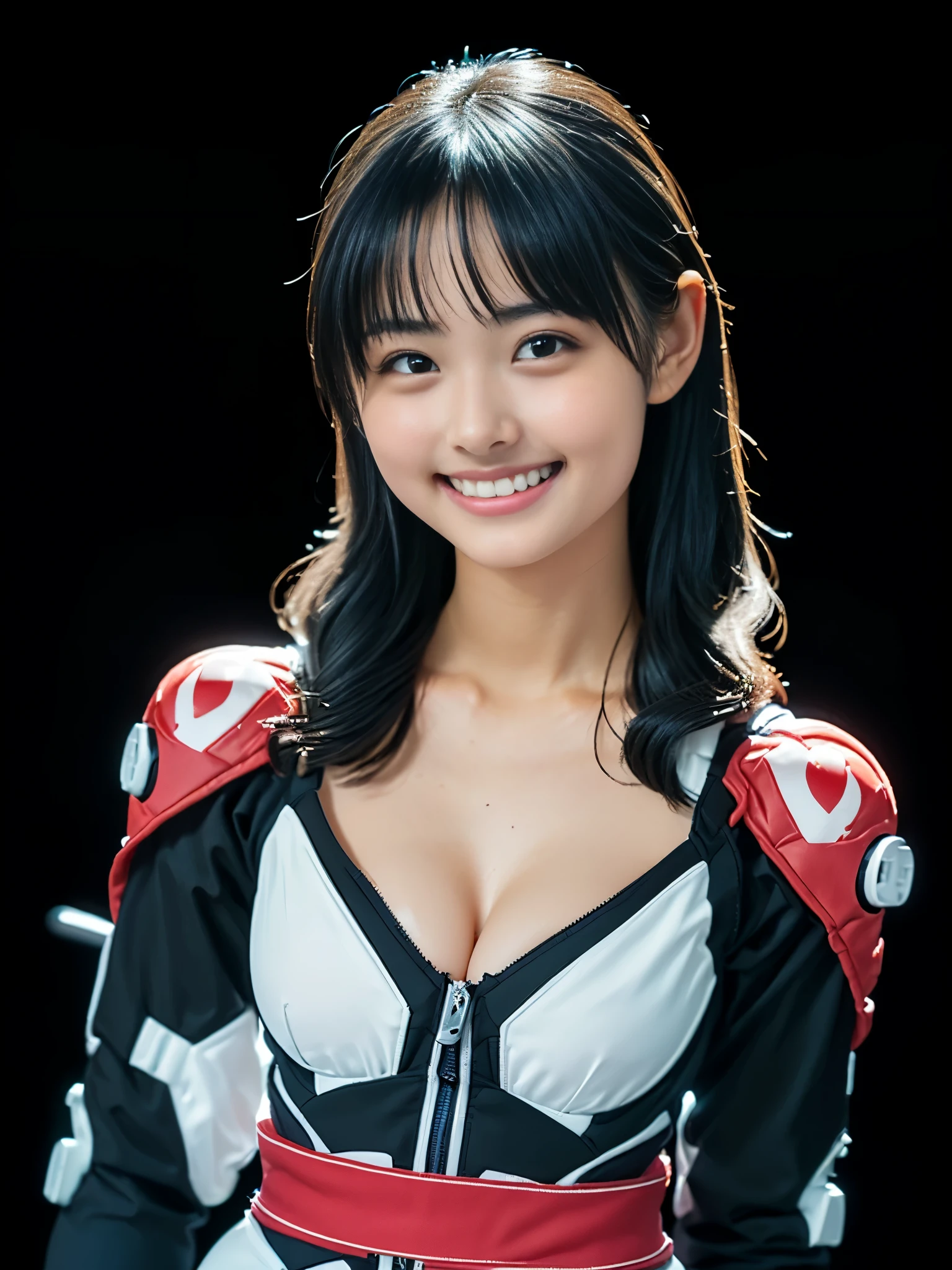 (8K、Raw photography、Highest quality、masterpiece:1.2),(Black Hair、Dark Eyes:1.9),(Plug Suit:1.6)、View your viewers,Front view,White skin,(:1.4)、(Tight waist:1.6)、(Clothes that accentuate the shape of the breasts:1.0)、(Big Breasts :1.3)、Slim figure、Ultra-high resolution,beautiful,beautiful fece,(One person、No background:1.9),whole bodyボディー,Japanese women,(reality的:1.37)、Photon Mapping,reality、(Baby-faced and cute: 1.4)、(Cute Smile: 1.8)、(Round face: 1.8)、Radio City、Physically Based Rendering、Depth of field rally background、photograph, (I can see your knees、Thigh close-up:1.8),(:1.6),whole body、Great quality