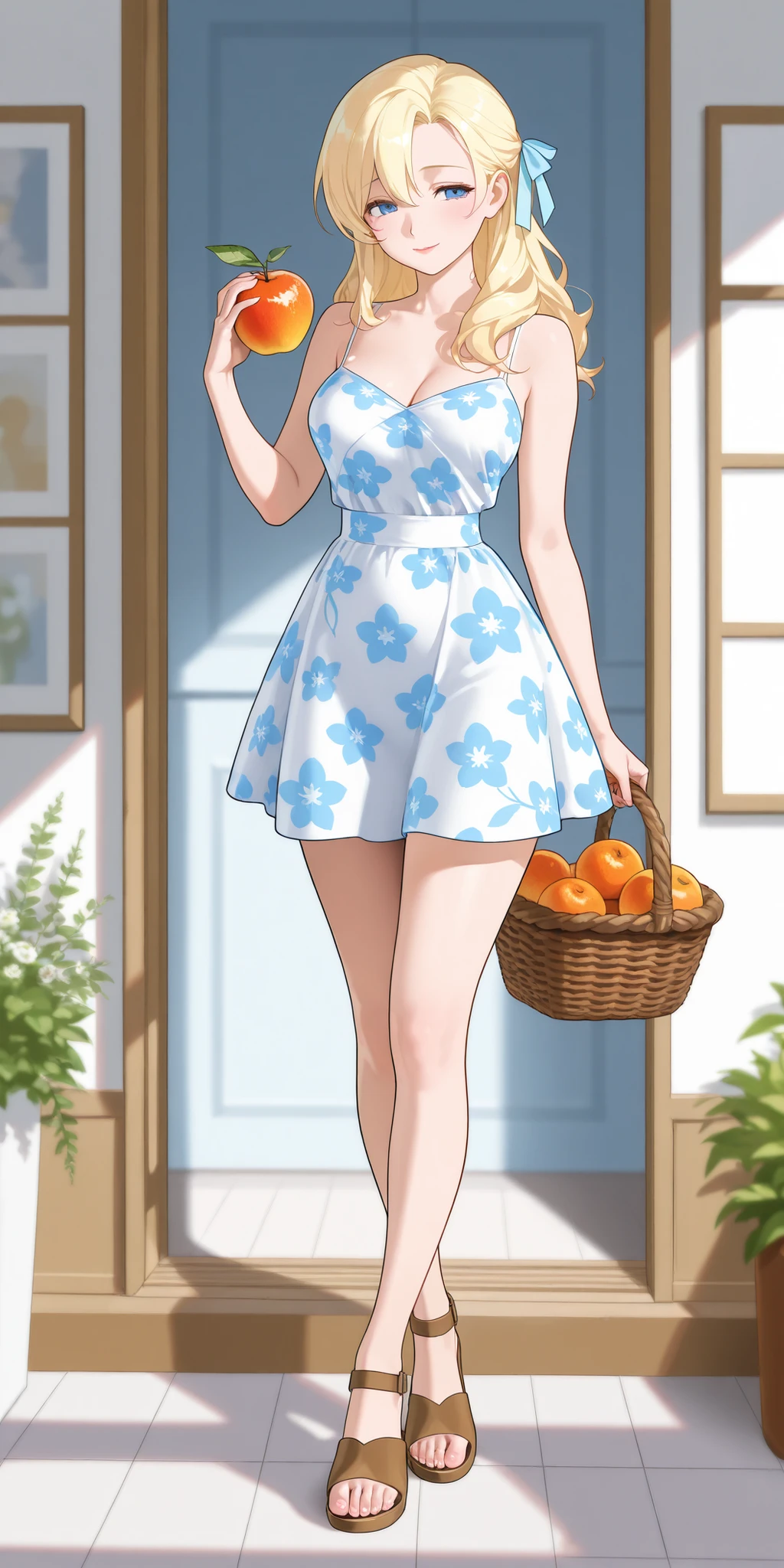 A mature beautiful woman with blond hair, extremely fair white natural skin, big blue-hazel eyes, red plump glossy lips, a small waist, and a perfect slim yet curvy body. She's only wearing a revealing mini short blue floral dress with spaghetti straps, a hair ribbon on the side, and brown sandals. She's standing in a garden, holding a fruit basket, soft smile, and is in a cozy wooden cottage living room. Show her full body and super hyper-detailed.