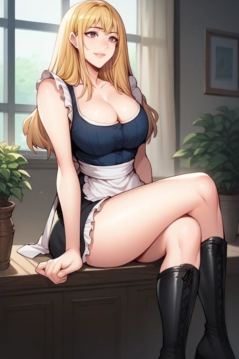 1 girl, solo, anatomically correct, blonde hair, one side ponytail, beautiful red eyes, freckles, choker, lustful expression, seductive expression, maid outfit, sexy outfit, cleavage, large boobs, large boobs, huge cleavage, very short maid skirt, fishnet stockings, stockings squeezing her thighs, juicy thighs, sexy posing, posing, sexy pose, 8k, best quality, highly detailed face illustration, ultra high quality, refined lineart, full body picture