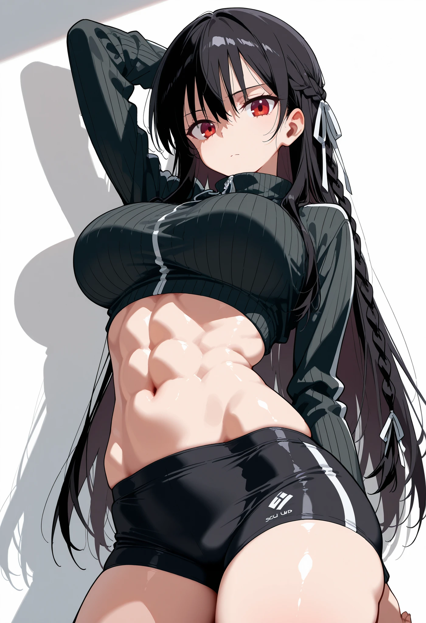 score_9, score_8_up, score_7_up, source_anime, suzunehorikita, looking at viewer, suzune horikita, long hair, black hair, red eyes, hair ribbon, braid, looking at viewer, cowboy shot, wearing a tight ribbed black long-sleeve crop top that stretches over her large bust,, short black athletic shorts with white trim and drawstring, very slim waist, visible toned abs, pronounced hip curves, thick thighs with soft skin texture, elegant yet sensual posture with one arm raised behind head, body casting soft shadow on white wall, glossy lighting accentuating smooth skin and fabric texture, ultra-detailed anime style, masterpiece, 8k, high resolution, white background, empty background, POSING, nice legs, COWBOY SHOT, opaque clothes, LARGE BREASTS