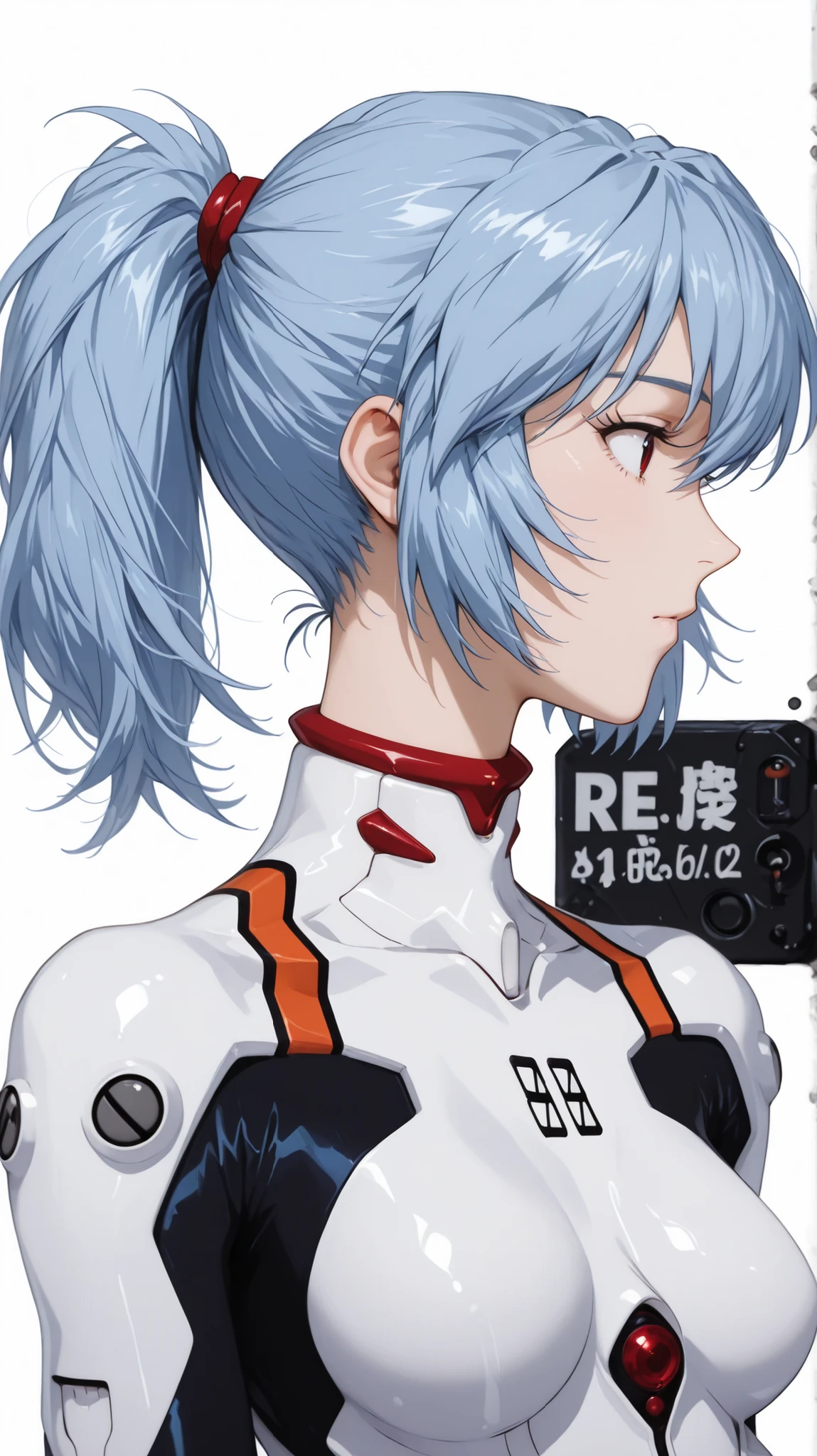 Ayanami Rei
Ayanami Rei、girl in black、ponytail、white bodysuit、plug suit on background、pilot suit、profile、upper body up、simple white background