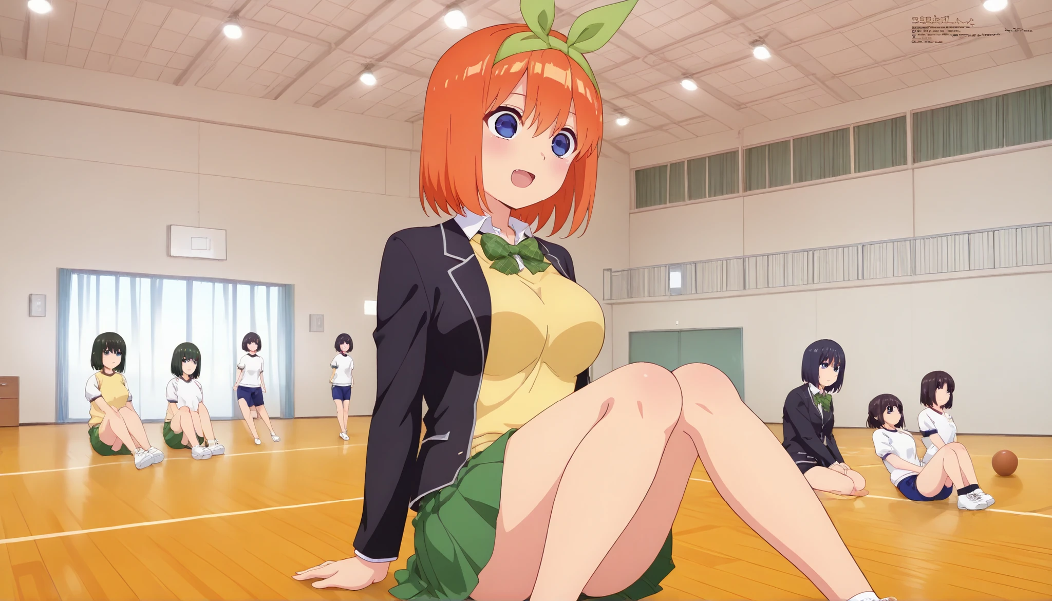 1girl, y0tsuba, large breasts, orange hair, blue eyes, short hair, hair between eyes green bow hairband, black blazer, open blazer, yellow sweater vest, white collared shirt, bowtie, plaid bowtie, green skirt, pleated skirt,y0tsuba, orange hair, blue eyes, short hair, hair between eyes, green bow hairband,Gymn4s3,sitting on the floor grasping one's knees (as in a gym class),,score_9, score_8_up, score_7_up, rating_safe, masterpiece, best quality, absurdres, unity 8k wallpaper, official art, official style, source_anime, uncensored, game cg, megami magazine,taiikukan, indoors, sportswear, multiple girls, indoors, photo background, shorts, ball, 6+girls, ceiling light, black hair, ceiling, stage, wooden floor, gym uniform, sportswear,