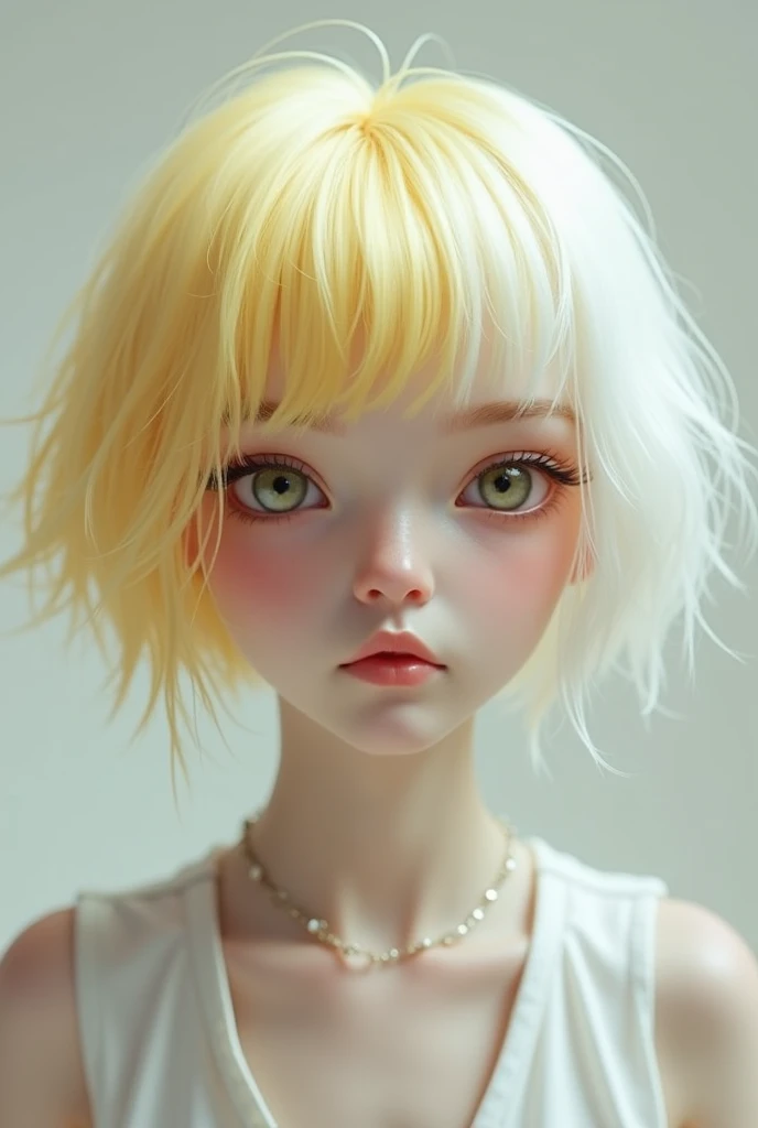 A short and thin girl, straight blonde hair , with green eyes, and with freckles on the nose 