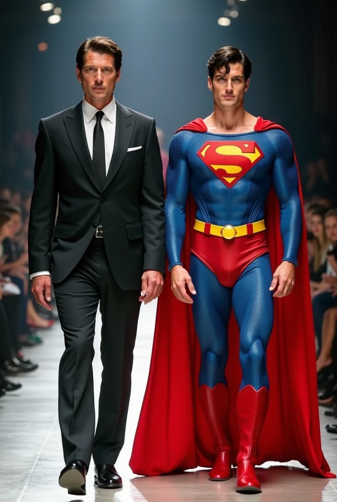 A hyper-realistic fashion runway scene featuring Christopher Reeve ...