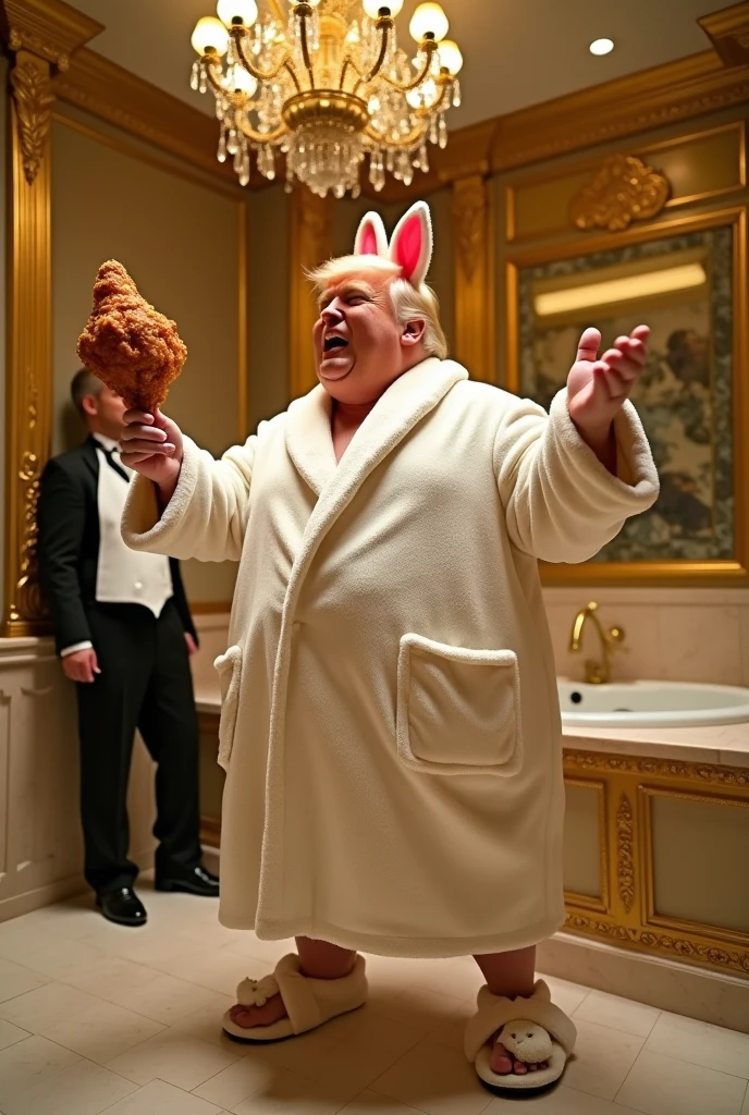 Donald Trump wearing a magician's hat while drinking a baby's milk pacifier and wearing a pink suit