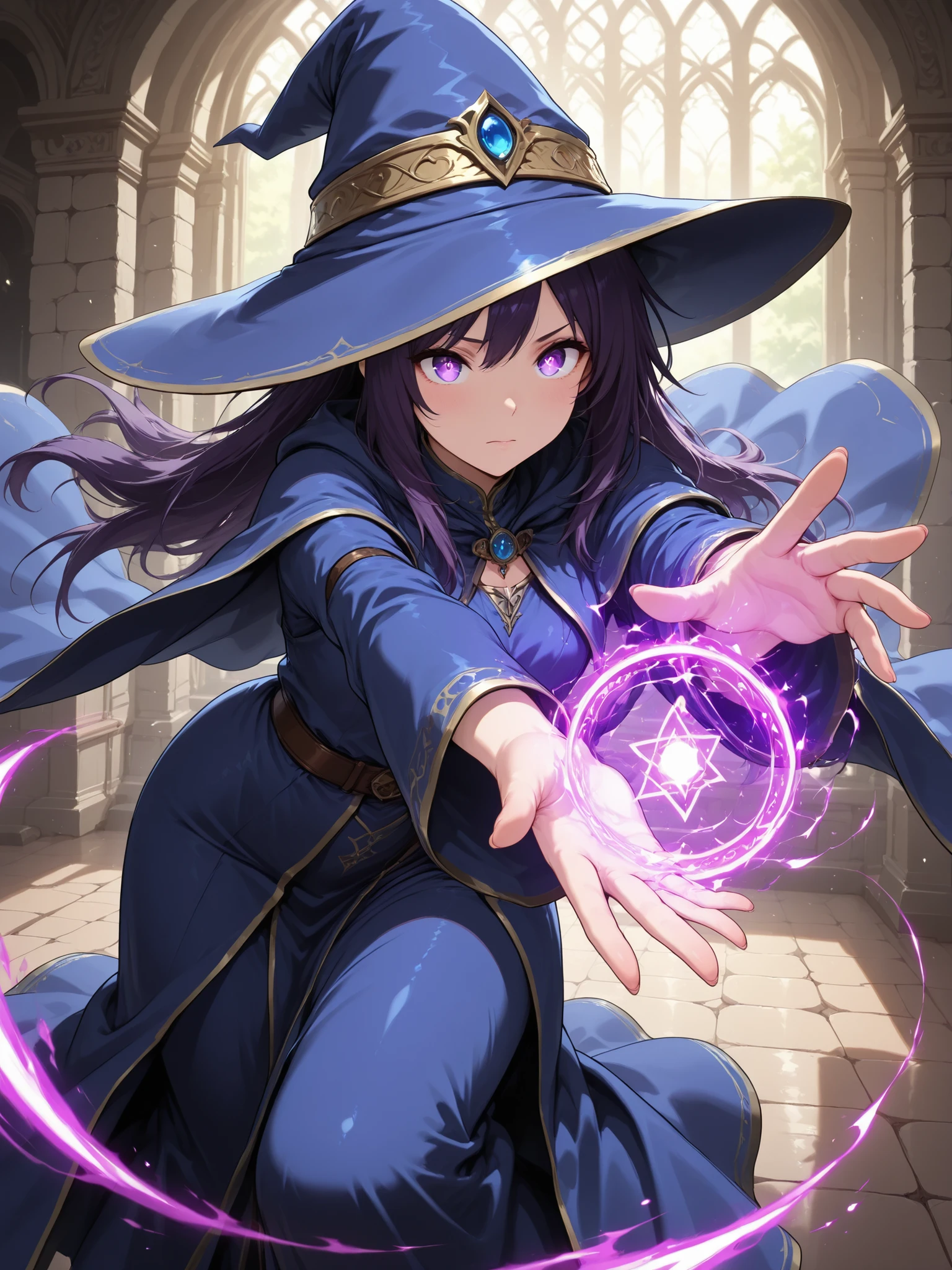 (masterpiece, best quality:1.2), (1girl, solo,detail eyes,iris,wizard,spell magic,in a dainamic motion),dynamic magic effect,extremely purple magic effect,spiral