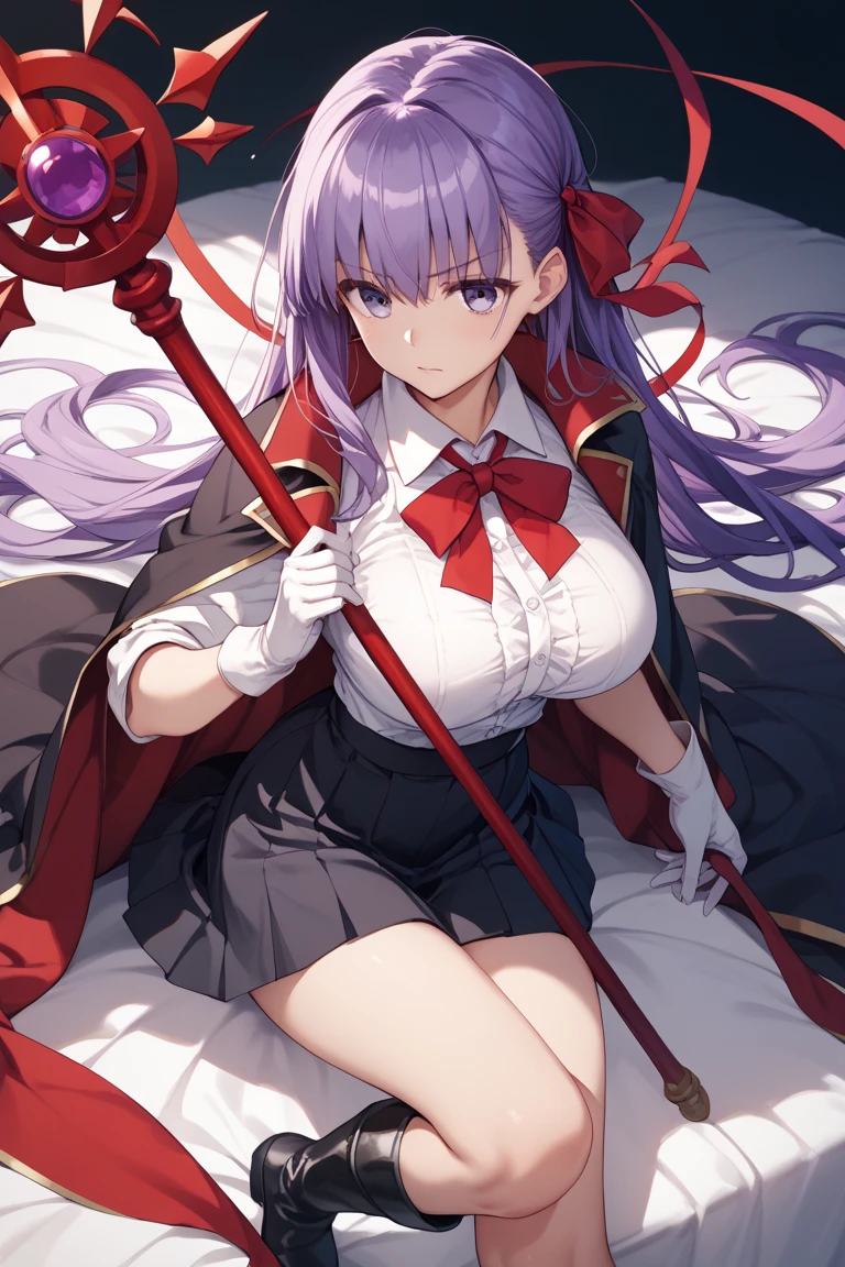 BREAK (masutepiece:1.2), Best Quality, High resolution, Unity 8k壁纸, (Beautiful detailed eyes:1.6), extra detailed face, Perfect Lighting, extremely details CG,1人、独奏、Arisu、(Viewer's Perspective、cowboy shot:1)、(Light purple hair、White hair、Medium Hair) 、Arisu has、beret、Black beret、Black hat:1.2)、(Purple eyes、shining purple eyes:1.3)、(Arisu School、student clothes、Red Blazer、a red jacket、robe blanche 、(White skirt)、pleatedskirt、Blue bow tie、White Niso、garter strap、Absolute area:1.4)、Naughty big、large full breasts、(Perfect hands, Perfect Anatomy),Look at viewers、a bed、Bedroom、(Sleep on your back:1.3)、(black panties:1.3)、(Skirt that rolls up:1.3)、(Fully exposed panties:1.5)、Surprised、red blush、(Pushed down on the bed:1.3)、Open mouth