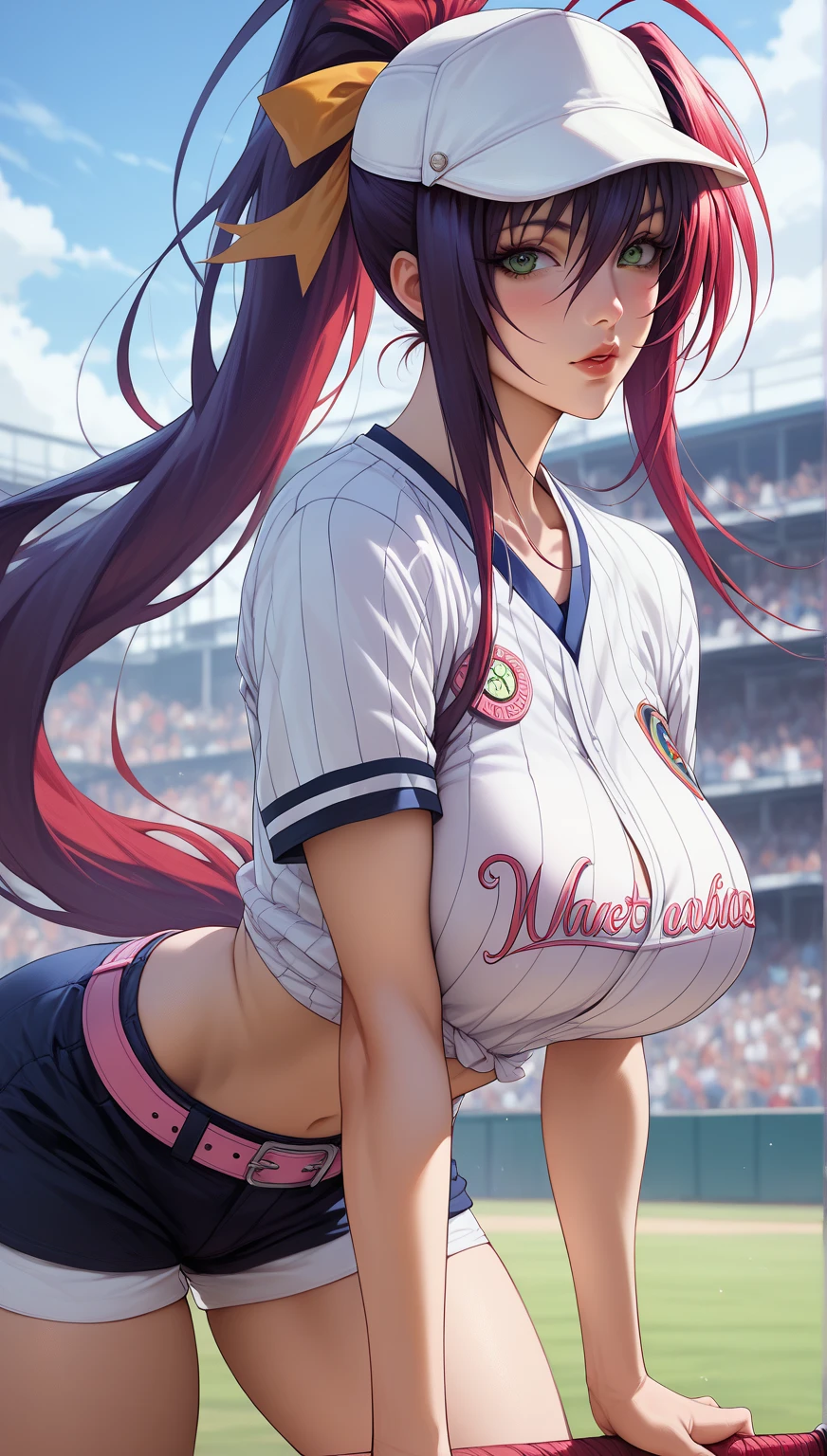 (masterpiece, 4k, best quality), photorealistic, cinematic, 1 girl, medium red hair, ((close-up shot, from behind:1.5)), looking at the viewer, perfect anatomy, curvaceous body, alluring, perfect eyes, detailed eyes, ((lips slightly parted:1.5)), medium-sized breasts, round ass, round legs, (((sweaty body))), sweaty skin, a determined female baseball pitcher, (((she wears a fitted and wet sleeveless team jersey with her last name 'Smith' on the back))), the jersey is paired with white baseball pants that have red piping down the sides, (((she wears a black glove on her left hand))), poised for a powerful pitch. her cap bears the team logo, casting a slight shadow over her focused eyes, a thin and adjustable headset rests over one ear, allowing her to communicate with the catcher seamlessly. behind her, the pitching mound rises, and in the distance, a sunlit stadium full of cheering fans sets the scene, extremely detailed Artgem, IG model, alena aenami and artgem, krenz cushart and artgem, artgem and atey ghailan