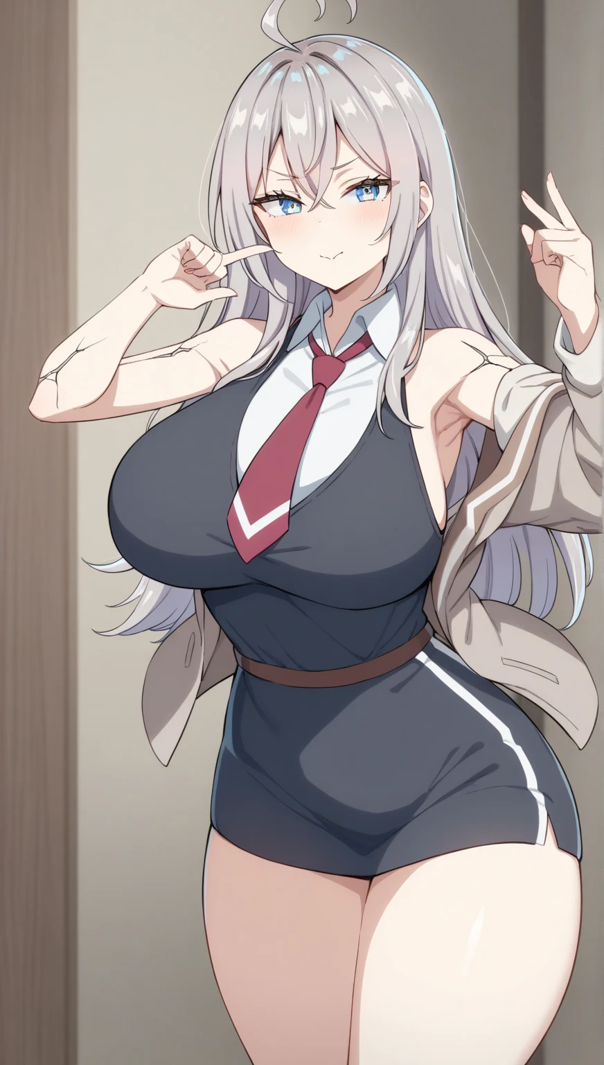 Best quality, high detailed, 8K quality, 4k resolution, stunning japanese female, 23 years old, white skin tone, random hair color, gorgeous face, ultra huge breast, curvy body, wearing Erotic Athleisure Sets - Matching Shirtdresses - Classic yet modern, often belted at the waist, playful expression, pose with both hands, random hairstyle