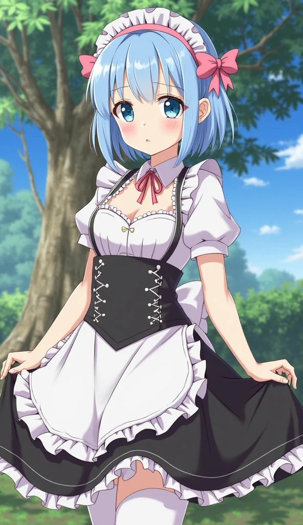 (masterpiece), (best quality), newest, (intricate details, very aesthetic), good hands, <lora:Anime_Screencap_Enhancement-v1:1> fine_ascxl, anime screencap, 1girl, rem \(re:zero\), re:zero kara hajimeru isekai seikatsu, blue hair, maid, maid headdress, outdoors, garden, looking at viewer, v arms, light smile, looking at viewer, solo focus, day, light rays, breasts<lora:sd_xl_dpo_lora_v1:1>