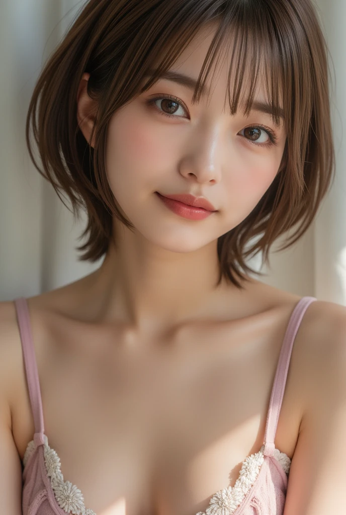 (Ultra-realistic), (shape), (High resolution), (In 8K), (Very detailed), (Best shape), (Beautiful details), (Highest quality), (Very detailedな), (wallpaper), (Detailed face), Droopy eyes, Sweat a lot, Upper body close-up,  Underarm,short hair,Girl wearing sleeveless sweater, Japanese, I can see your chest, (Camel Toe)