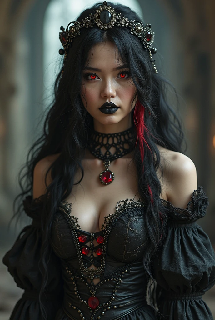 a close up of a woman in a black and red costume, seductive cyberpunk dark fantasy, inspired by Hedi Xandt, beautiful vampire female queen, beautiful vampire queen, alluring and terrifying, beautiful elegant demon queen, intricate latex set, vampire queen, very sexy devil outfit, by Hedi Xandt, gothic and futuristic, vampire fashion