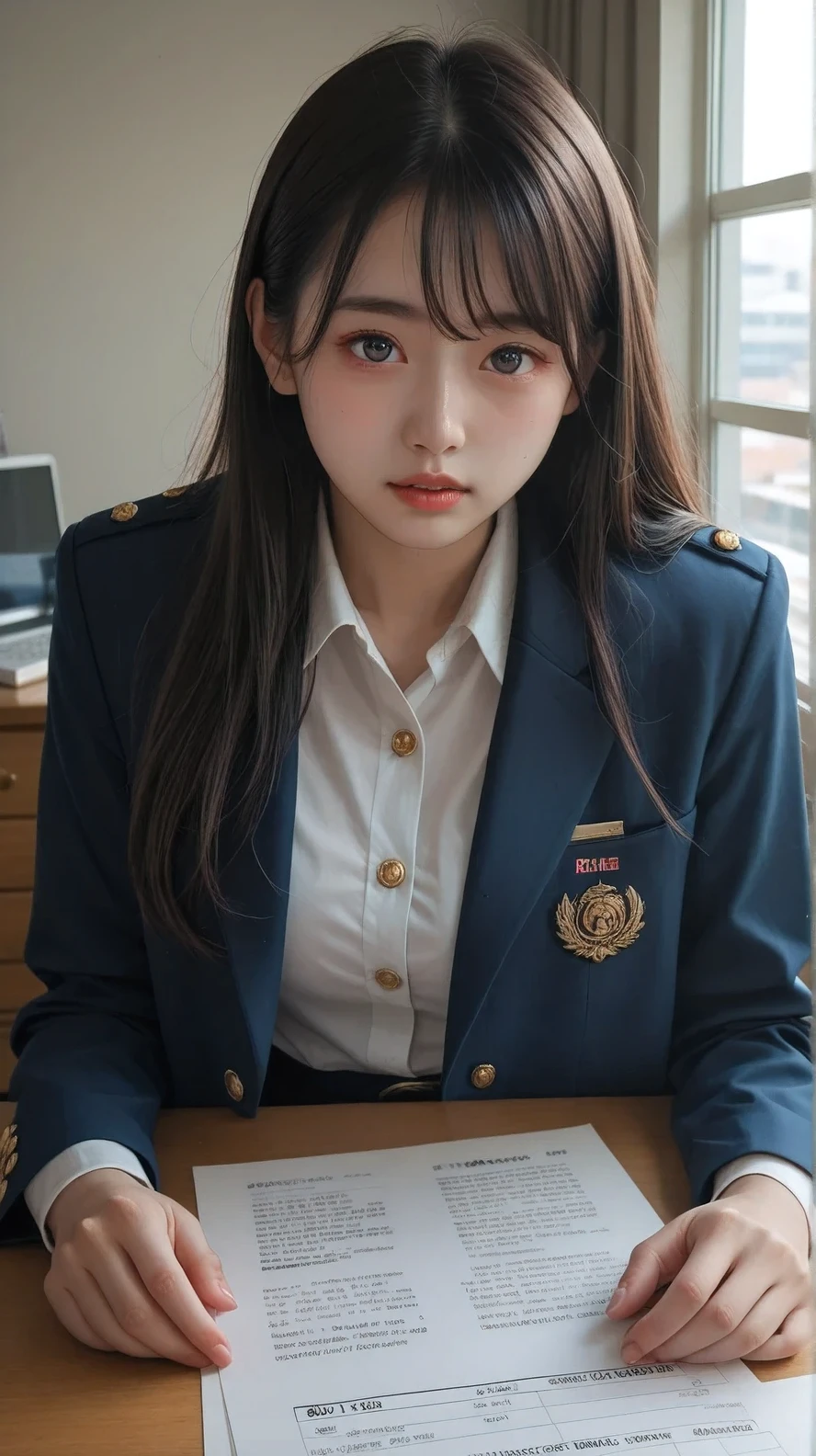 American girl, New York vibe, , classroom, uniform, highest quality, highly detailed, realistic shadows, realistic texture ,1girl,