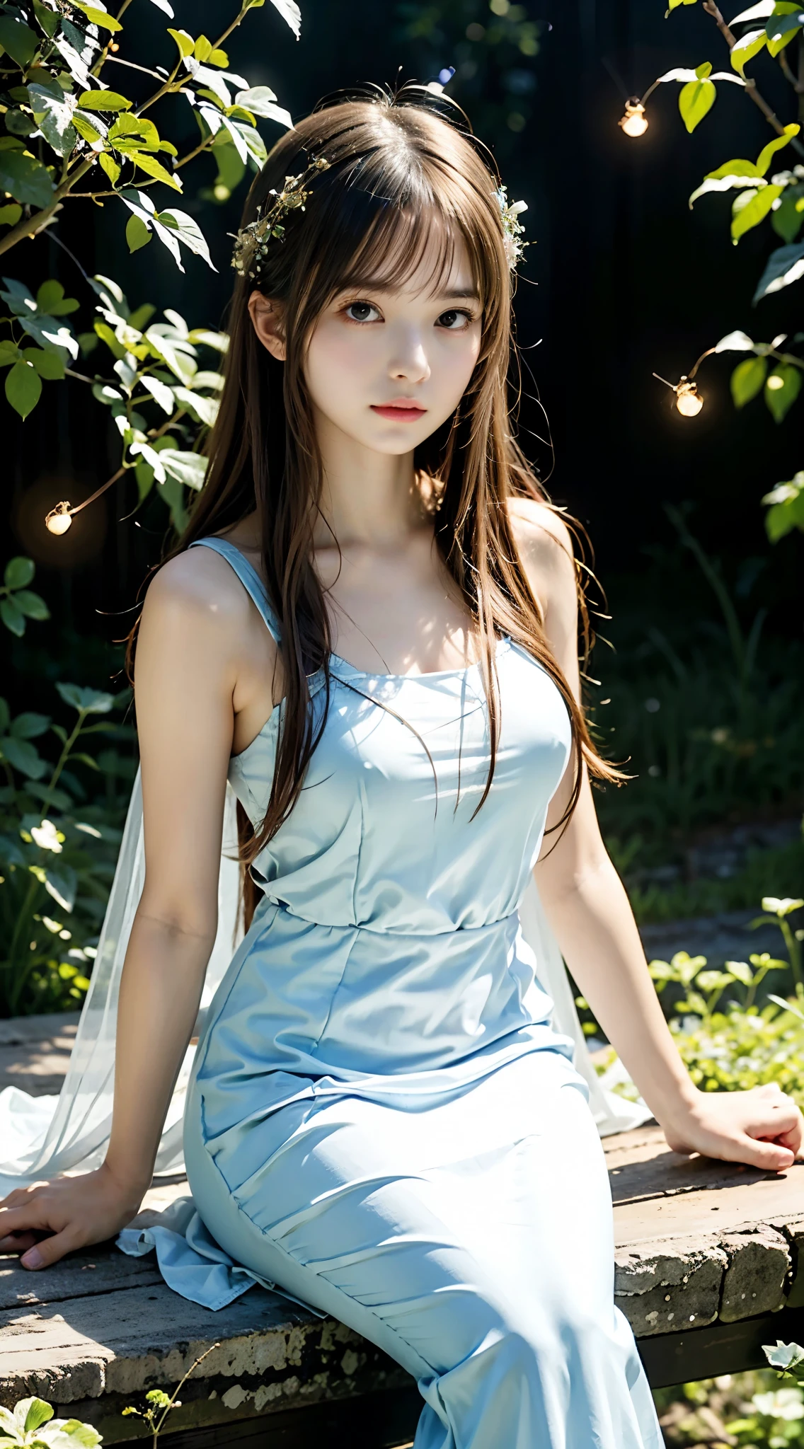 ((best quality)), ((masterpiece)), (detailed), perfect face, Character design, female, long brown hair, wearing a white angelic dress, blue green eyes, small frame, very skinny, detailed, best quality, no accesoires around the neck, no shoes, prominent collarbones, skinny arms, flat stomach, visible hip bones, full body
