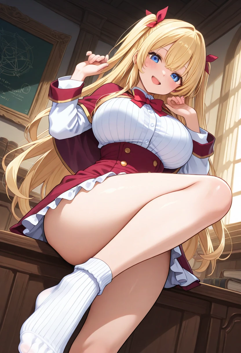 ((highest quality、High resolution、masterpiece))、Blonde、Cosplay、beautiful girl、skirt、Nipples、Embarrassed face、Legs wide open、((She shows her pussy))、Love juice、I'm inviting you to have sex
