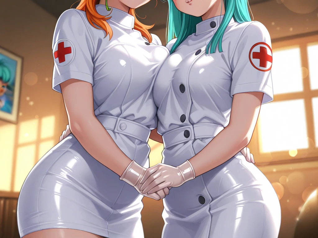 1boy, 2girls, light hair, square haircut, ponytail, bangs, ((white oiled surgical gloves)), ((blue doctor outfit)), (((green surgeon outfit))), (((((long sleeves))))), ((blue oiled elbow gloves)), erection, gloved handjob, gloves, handjob, hetero, indoors, latex, latex gloves, looking at dick, (doctor), penis, pov, uncensored, foreskin, small dick, cum