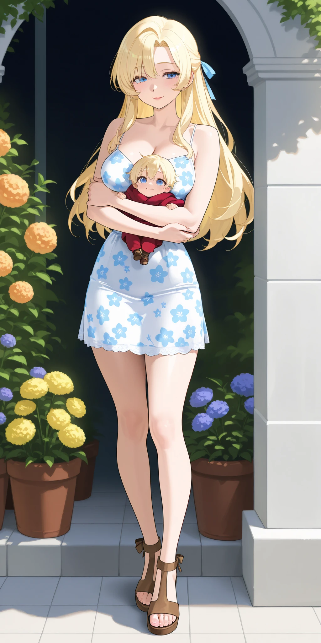 A mature beautiful woman with blond hair with two-parted side fringes, extremely fair white natural skin, big blue-hazel eyes, red plump glossy lips, a small waist, and a perfect slim yet curvy body. She's only wearing a long sky-blue floral dress with spaghetti straps, a hair ribbon on the side, and brown sandals. She's standing in a garden, carrying her little human baby in her arms, and has a soft smile. Show her full body and super hyper-detailed.