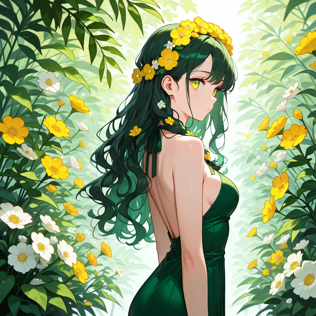 masterpiece, best quality, <lora:safy-nvwls-v1-000008:0.9> safy, green eyes, (yellow sundress:1.3), from behind, garden, smile, sky, clouds