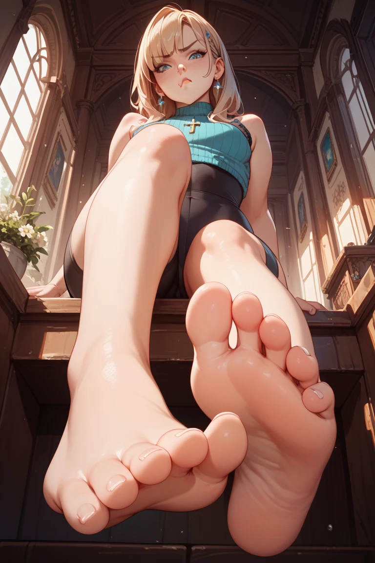 a haughty woman sits on an upholstered armchair, her posture exuding an air of unquestionable superiority. she stretches out one leg, leaving her bare foot exposed for all to see. a look of contempt, like that of a disdainful queen with icy indifference. her eyes convey a clear message: she knows she reigns at the top of the social hierarchy and demands recognition of her greatness. in the low-angle foreground, the foot with its 5 toes is offered with admiration mixed with desire and devotion. Foot fetishism takes on an almost sacred dimension in her presence. Her foot, displayed as an object of supreme desire, becomes a symbol of power and domination. In this haughty posture, she embodies the very essence of power and domination, reigning as uncontested mistress over her realm of desires and fantasies, offering her foot as an object of veneration and submission. And thanks to the low-angle effect, the view of the haughty woman's feet further accentuates her imposing domination and disdainful attitude, intensifying the contrast between her perceived grandeur and those who gaze at her with respect and fascination.