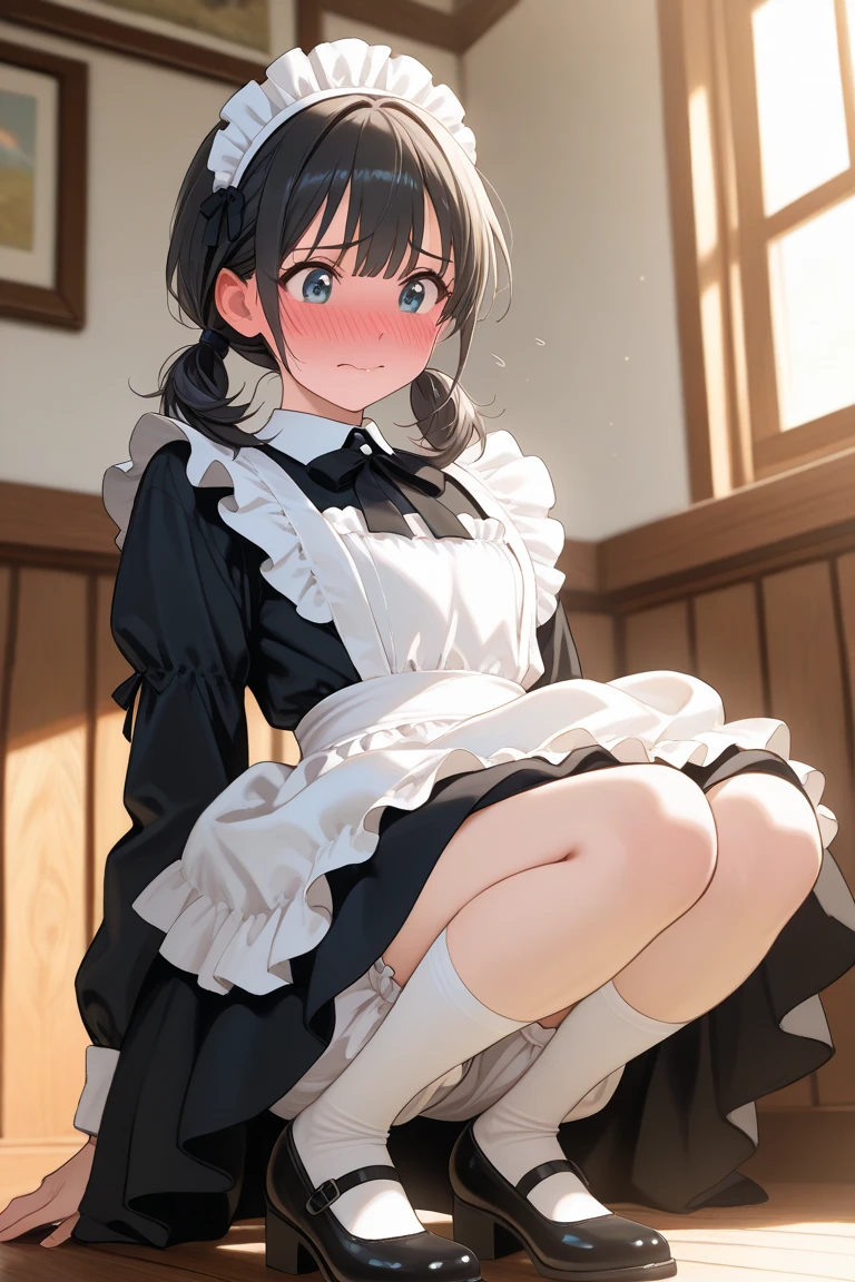 しゃがんでButtを突き出す、One Man、A man smells a woman;Butt、On all fours、Buttを触らせて、Buttをこっちに向けて、Buttへの角度、One Woman、beauty、Western-style building、High-end residential、淫乱Maid、Maid、Maid服、Age 25, ponytail, Highest quality, Focus on the thighs, smile,  Black Pantyhose, panties under pantyhose、Plump thighs、大きいButt、Big 、 Black Hair,My thighs are steaming between my legs 、Steamy pantyhose、Buttが湯気を立てている、A man smelling pantyhose