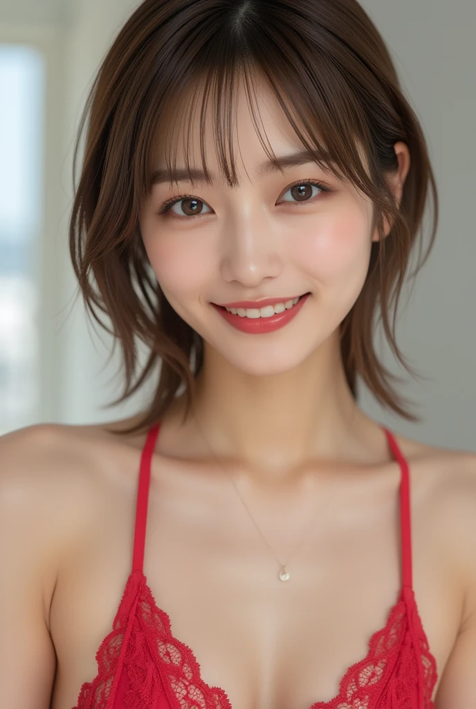 Tabletop, Highest quality, figure, Super detailed, In detail, High resolution, 8k wallpaper, Perfect dynamic composition, Beautiful attention to detail, Women's fashion,Very short hair,Large Breasts 、Nipple protrusion、Natural color lip, Bold sexy pose,smile,Harajuku、28 year old girl、cute、Landscape、Raise your arms、sexy shot looking at camera、A loose red sheer negligee is visible.、Chest opens wide、Very slim