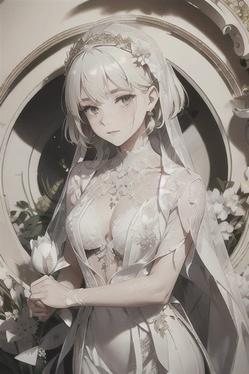 A girl,long hair, Bangs, White hair, Hair between the eyes, Purple Eyes:(1.5), (Large Breasts:1.2),
rest 锁骨, Wedding dress,veil,wedding,White dress,Flowers,Broken skirt,White socks,Tights,White knee socks,
looking at viewer, whole body,
indoors, church,Standing,Standing,
rest (masterpiece:1.2), best quality, high resolution, Unity 8k Wallpaper, (illustration:0.8), (Beautiful and delicate eyes:1.6), Extremely detailed face, Perfect lighting, Extremely detailed CG, (Perfect hands, Perfect anatomical structure),