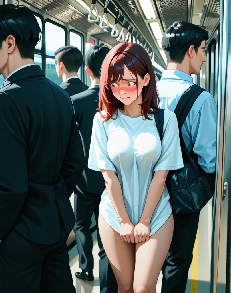 ((masterpiece,Highest quality:1.3,best illustration,realistic)),nsfw,cowboy shot,1woman、独奏,27 year old Japanese beauty,((very small head:1.3)),center parted bangs,forehead,black hair,long hair,(Black fabric blindfold)、shy,tears,medium breasts,((very long body:1.3)),((toned body,slender body,skinny)),(School uniform、Dark blue blazer jacket,Navy blue tie、Grey plaid pleated mini skirt),nipples,gleaming skin,sweat:1.2,Inside the train、Lots of passengers、subway、Tokyo