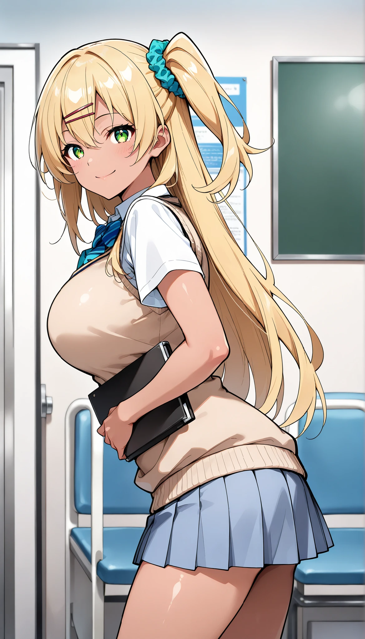 1 girl, solo, schools, Conditioning room, smile, big breasts,sexy posing, from the side, chair in the left hand examination room:1.4, (okazaki_miku, dark-skinned woman, dark skin, green eyes, blond hair:1.8, long hair, hair crunch, one side up, hair clip, Chest, sweater vest, uniform, white shirt, collar, Short sleeve),source_anime, Highest Quality, uncensored, rating_safe, Facing Viewers,masterpiece,Highest Quality,Ultra High Definition,Photorealistic,8K Ultra HD, hyper details, CG illustration, soft focus,neutral tones,