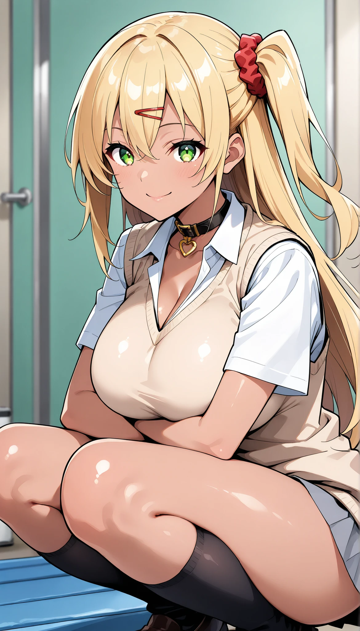 1 girl, solo, schools, Conditioning room, smile, big breasts,sexy posing, from the side, sit, squatting, 椅子にsit:1.4, (okazaki_miku, dark-skinned woman, dark skin, green eyes, blond hair:1.8, long hair, hair crunch, one side up, hair clip, Chest, sweater vest, uniform, white shirt, collar, Short sleeve),source_anime, Highest Quality, uncensored, rating_safe, Facing Viewers,masterpiece,Highest Quality,Ultra High Definition,Photorealistic,8K Ultra HD, hyper details, CG illustration, soft focus,neutral tones,