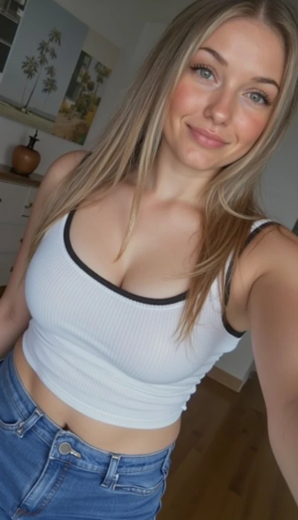 melhor qualidade, obra de arte, foto realista, 8k, 4k, extreme resolution, ultra high resolution, dynamic lighting, real lighting, Sophia Diamond, olhando_no_visualizador, sorriso, regata, jeans,