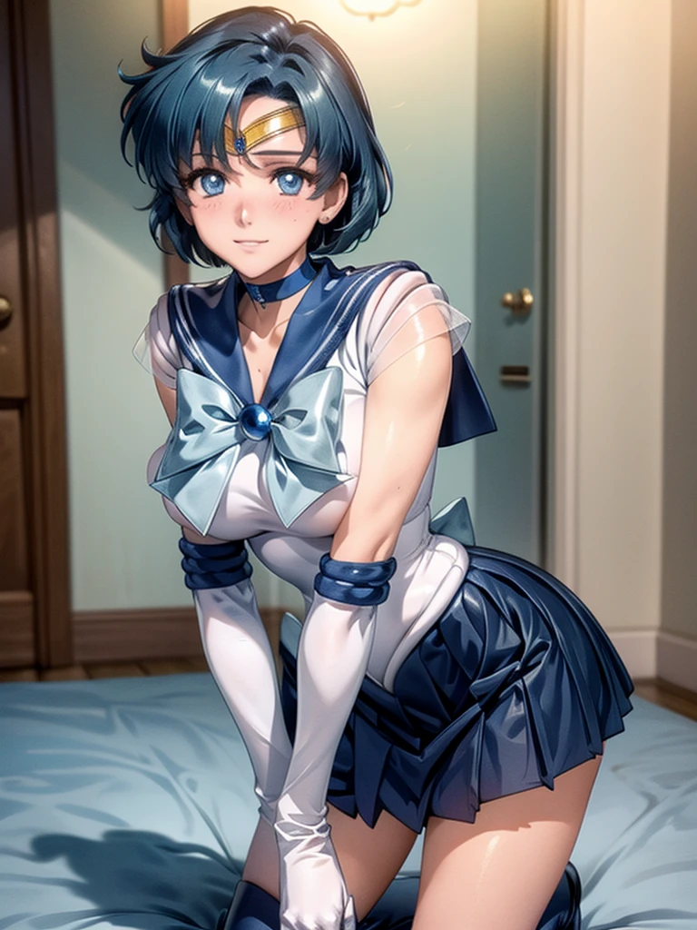 masterpiece, Highest quality, High resolution, Realistic, Show more1, tiara, Sailor Warrior Uniforms, Blue Skirt, Blue sailor collar, tiara, bow, Knee Boots, choker, White gloves, ((blue choker)), elbow gloves, jewelry, Earrings, Pleated skirt, At the bed, Angle from below, ((Spreading pussy:1.3)), Showing nipples