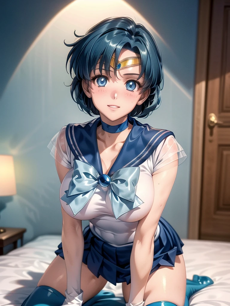 ​masterpiece, top-quality, hight resolution, 8K, Hi-Res, ultra-detailliert, 1girl in, (Anatomically correct), Full limbs, complete fingers, less area underwear、Slender 18 year old beautiful active girl, Brown-eyed, Slender eyes, A dark-haired, extra very short hair, (Black skin:1.2), (Sailor Moon: 1.3), (white  leotard), (Blue sailor color), the bow, (Over-the-knee boots:1.1), a choker, (white glove), Blue choker, (elbowgloves), (a blue skirt), sole、爆乳, Solo, (Curve:1.1), ((masterpiece:2.0, best quality)), ((ultra high res)), (photo realistic:1.4), 8k, absurdres, detailed shadow, soft lighting, sharp focus, super detailed skin, front lighting, bird’s eye view, night,
very cute, extremely detailed eyes and face, eyes with beautiful details, 20 yo, japanese, round face, natural makeup, curvy style, supermodel, (baby face:1.0), (loli:1.0), nsfw, painful,
(cut-out nipples black swimsuit:1.3), huge breasts, perfect breast, (cleavage:1.4), perfect nipple, high detailed nipple, round areola, perfect pussy, (love juice:1.2), break, ((1girl and 1boy,having sex)), hetero, panties pulled aside fuck, (missionary position:1.5), (lying in bed:1.5), supine, cum in pussy, penis in pussy,