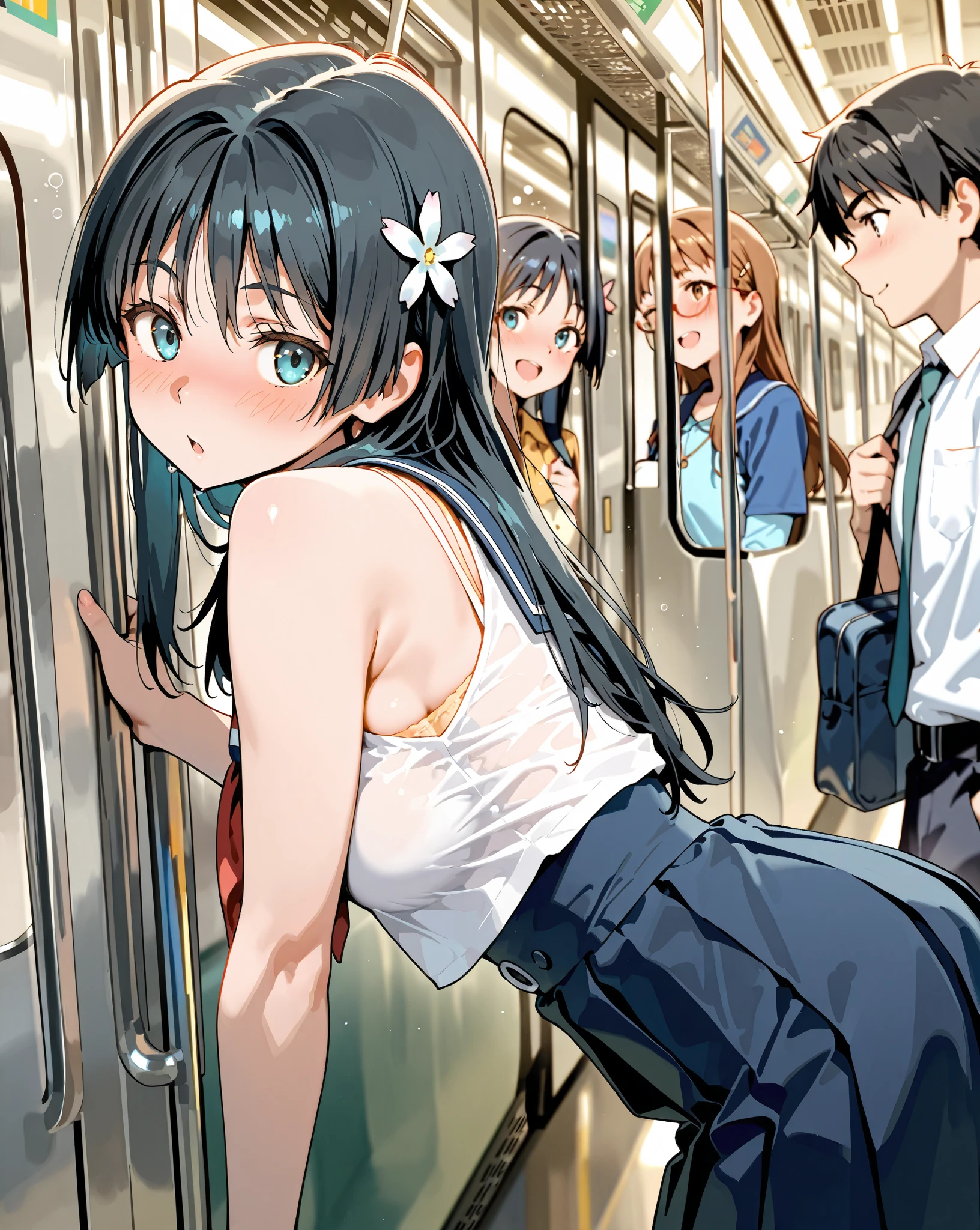 (((masterpiece, Highest quality:1.5,absurdres))),nsfw,25 year old beauty,solo,((very small head:1.3)),long hair,bangs,(dark blue hair),dark blue eyes,gorgeous eyes,tears,open mouth,drooling,medium breasts,((very long body:1.3)),((toned body,slender body)),skinny,((tan skin:1.5)),gleaming skin,shiny skin,sweat:1.3,(White tank top、Yellow pleated mini skirt,Love juice),barefoot、White sneakers、standing,subway、Inside the train、New York City、