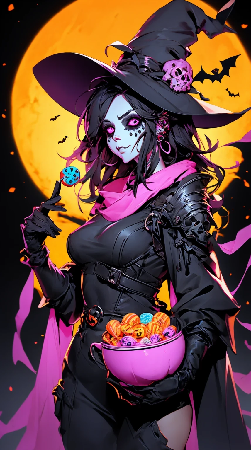 Skull woman with a halloween costume holding a bowl of candy, horror fantasy art, scary color art in 4 k,