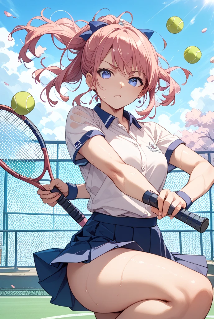 absurdres, highres, BREAK looking at viewer, cowboy shot, (from front:1.5) BREAK (vivid-color:1.3) BREAK (one girl:1.3), (loli:1.2),red hair, blue eyes, tennis uniform, hairclip, earrings, jewelry, nm1, hair ribbon, short hair, tennis cosplay, (pleated super short skirt:1.4), (thighs:1.3), (large ass:1.3), large breasts, (provocative face:1.3), open mouth, (folding one's arms:1.3), (breast:1.3), ass, round eyes, (blowing in the wind:0.5), sweat around girl, dripping sweat, squall (wind:1.2), sense of speed, refreshing breeze, motion blur effect, wind, (no pants visible:1.4) BREAK background is (tennis court:1.3), (Stand in the center of the screen:1.3), (10,000 people spectators:1.3), multiple people behind you, blue sky with clouds, outdoors, (magnificent panorama view:1.2), wind BREAK sunlight, magnificent view, rainbow in the sky, light particles, dynamic angle, dutch angle, perspective BREAK (daytime, sunbeam:1.2), depth of field, bokeh, light leaks, (chromatic aberration:1.2), noon BREAK