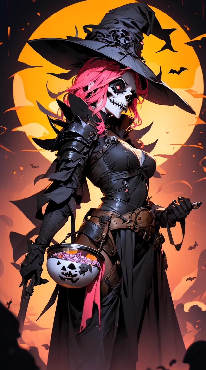 Skull woman with a halloween costume holding a bowl of candy, horror fantasy art, scary color art in 4 k,