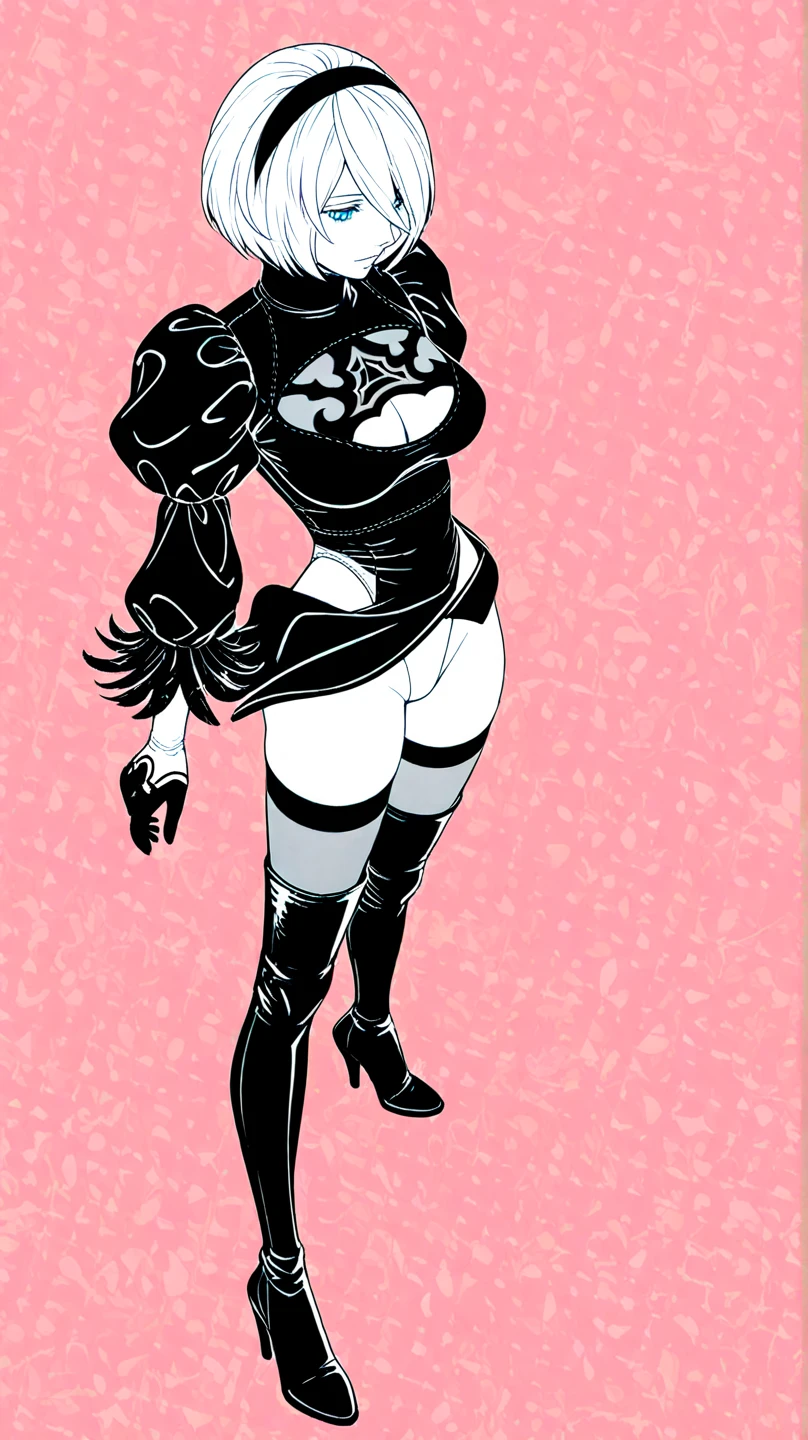 (masterpiece, best quality)), ((((perfect anatomy)))), Caucasian android woman with short silver hair, ((elaborate black dress)) (((white high cut leotard))), big butt, black eye-band, white and black gloves, digital black pattern background, (((comic book art style)))