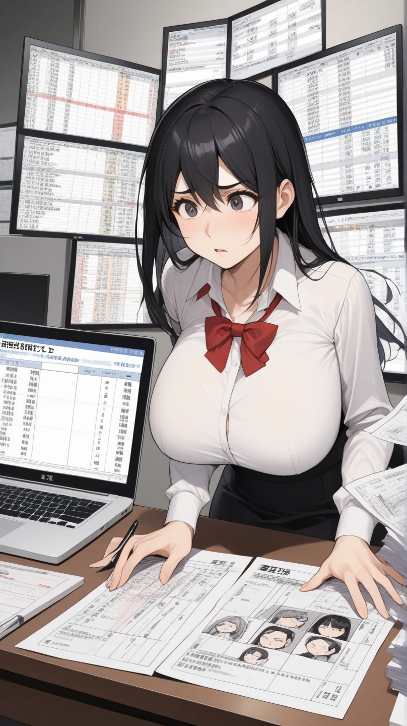 anime waifu with huge tits watching as the stock market crashes, (shocked face:1.4)