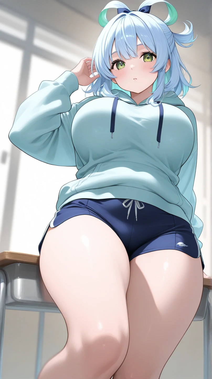score_9, score_8_Excellent,anime, Show the soles of your feet, Dirty socks, odor, Armpit hair, Five Fingers, vapor, Sweat, Virtual YouTuber, Snow Flower Ramie, Huge Ass, Front view, Spread your legs, squat, School Swimsuit, Incredibly big ass, Large Breasts, Thick legs, Grit your teeth, Light blue hair, Yellow Eyes, Ahoge