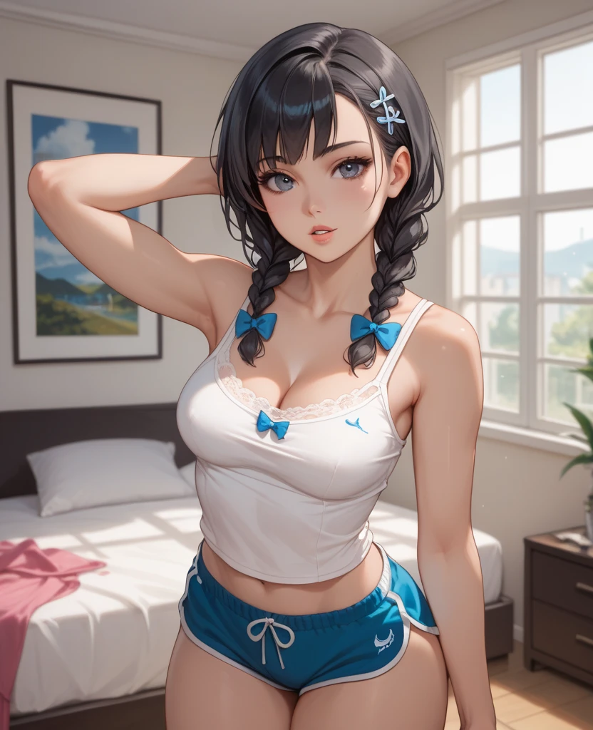 3D animation Japanese woman, 19 years old, researcher staying on the space station, long braids, cute camisole and panties, indulging in lewd fantasies in front of the observation window overlooking the earth, flushed cheeks、Large thighs, sweaty chest, steamy panties