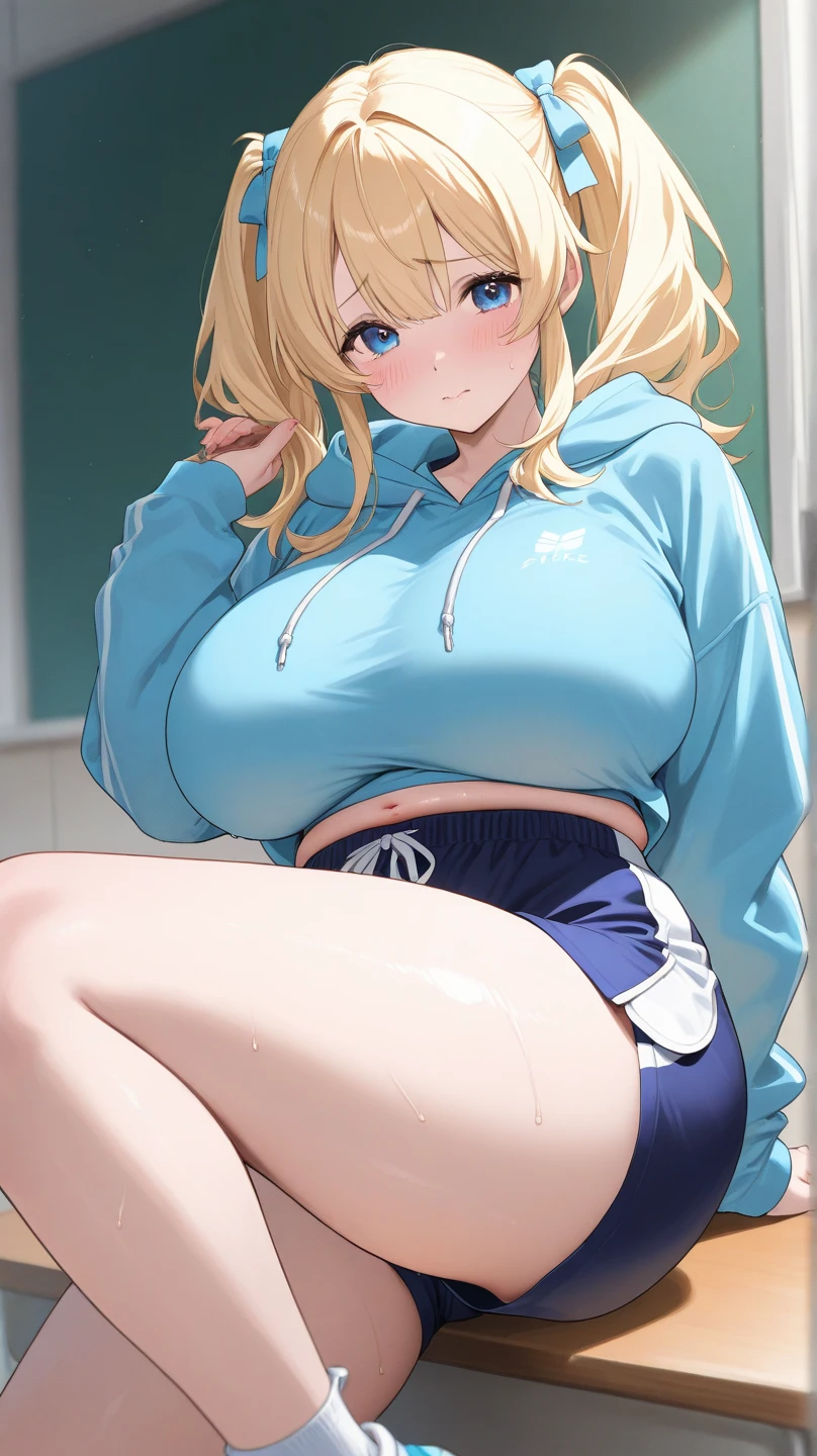(best quality:1.5, highres, UHD, 4K, detailed lighting, shaders), blonde ponytail, large breasts, unzipped hoodie, cleavage, crotch, thighs, sexy, erotic, lewd, pov, sitting on bed, blushing:1.2