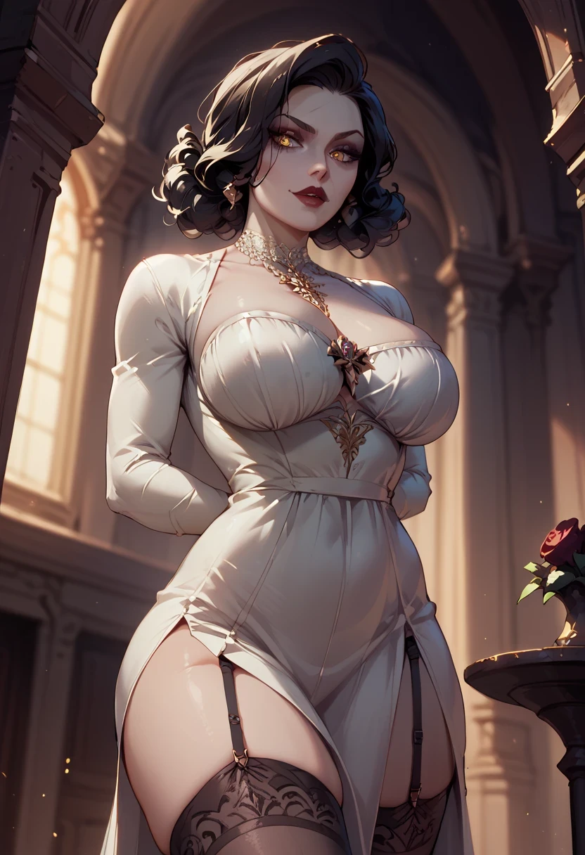 Lady Dimitriscu, deep cleavage, standing in a Gothic manor lobby, fron view, white dress slit on the right side showing her thighs, hands behind her back, perfect eyes golden pupils, garter belt and stockings